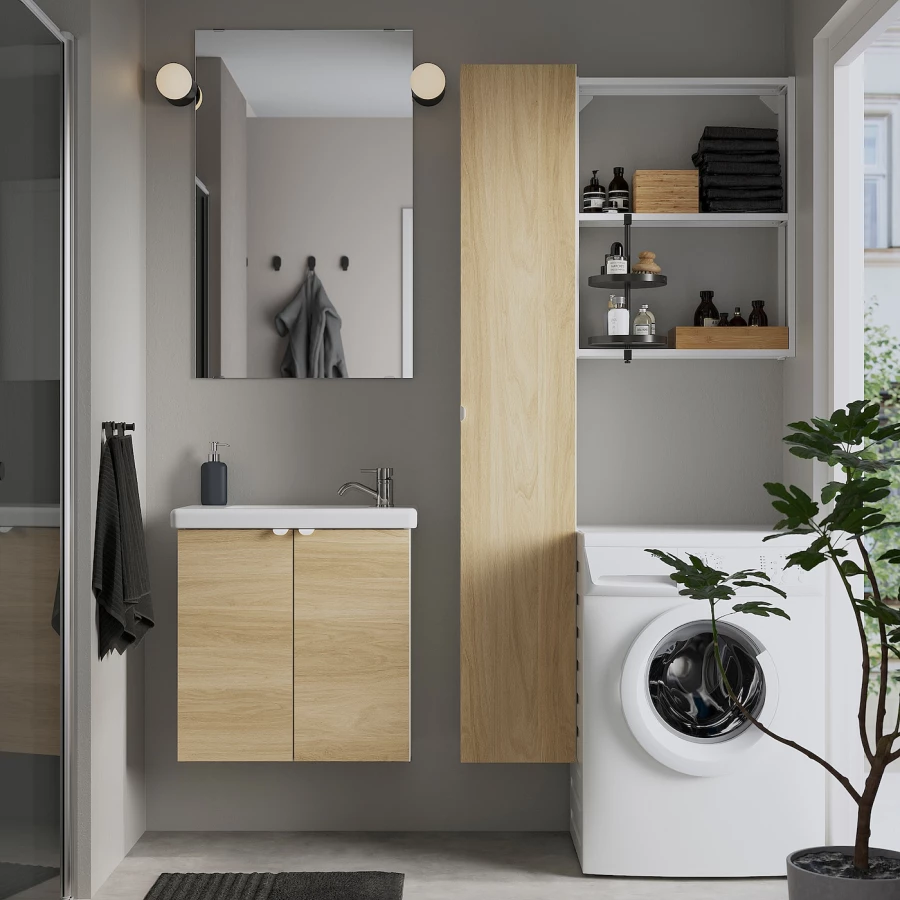 Комбинация для ванной - IKEA ENHET, 64х33х65 см, белый/имитация дуба, ЭНХЕТ ИКЕА (изображение №3)