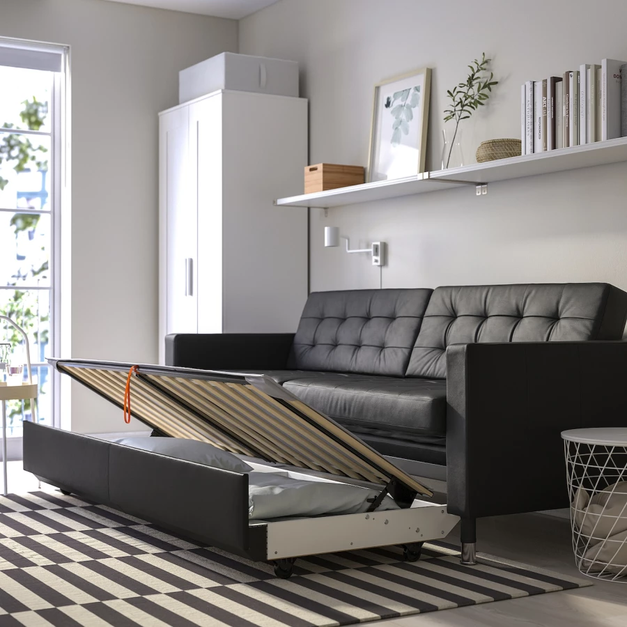 3-местный диван-кровать - IKEA LANDSKRONA, 84x92x223см, черный, кожа, ЛАНДСКРУНА ИКЕА (изображение №6)