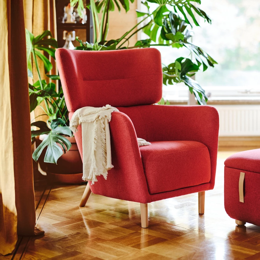 Кресло с подлокотником и пуф - IKEA OSKARSHAMN, 82х96х101 см, красный, ОСКАРСХАМН ИКЕА (изображение №4)