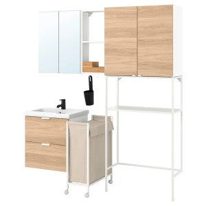 Комбинация для ванной - IKEA ENHET, 180х43х204 см, белый/имитация дуба, ЭНХЕТ ИКЕА