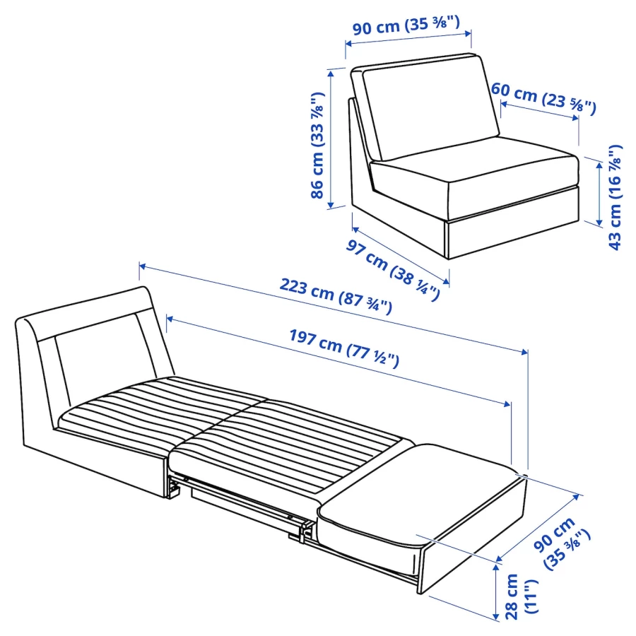 1-местный диван-кровать - IKEA KIVIK, 86x97x90см, синий, КИВИК ИКЕА (изображение №7)