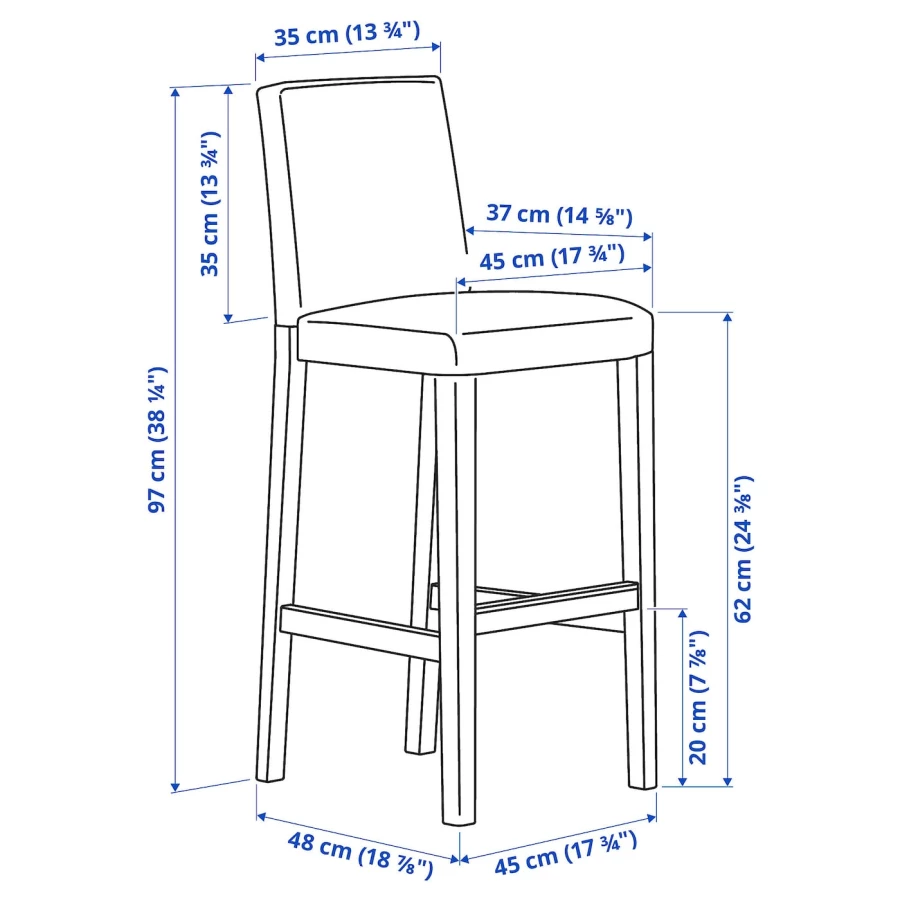 Барный стул со спинкой - BERGMUND IKEA/БЕРГМУНД ИКЕА, 97х45х48см, голубой (изображение №4)