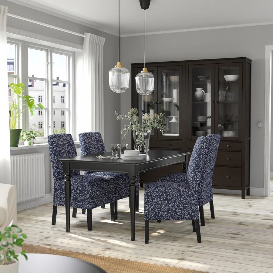 Стол и 4 стула - INGATORP / BERGMUND IKEA/ ИНГАТОРП/БЕРГМУНД ИКЕА, 215/155х87 см, синий с рисунком/коричневый (изображение №2)