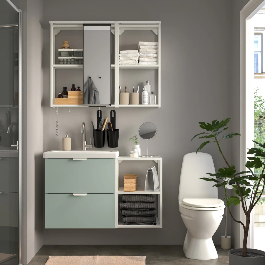 Комбинация для ванной - IKEA ENHET, 102х43х65 см, белый/серо-зеленый, ЭНХЕТ ИКЕА (изображение №2)