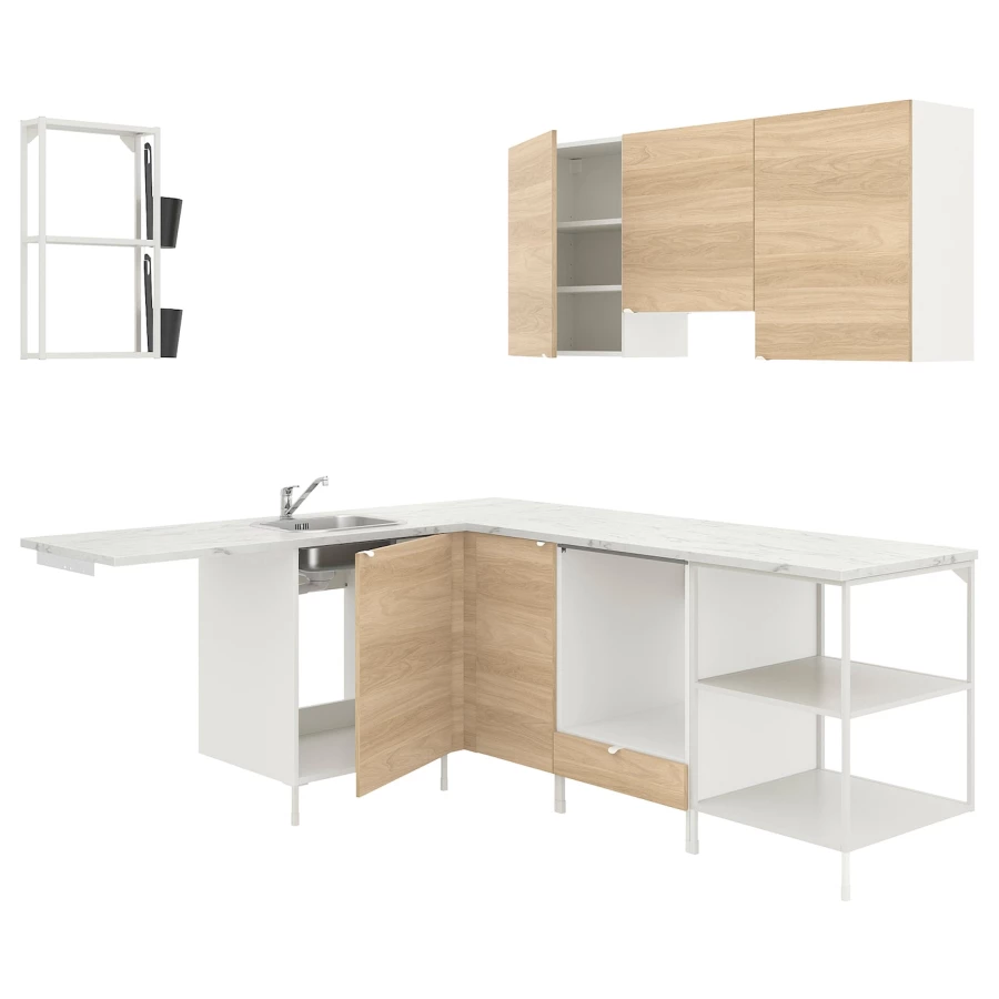 Кухонная комбинация угловая - ENHET  IKEA/ ЭНХЕТ ИКЕА, 190,5х228,5х75 см, белый/черный (изображение №1)