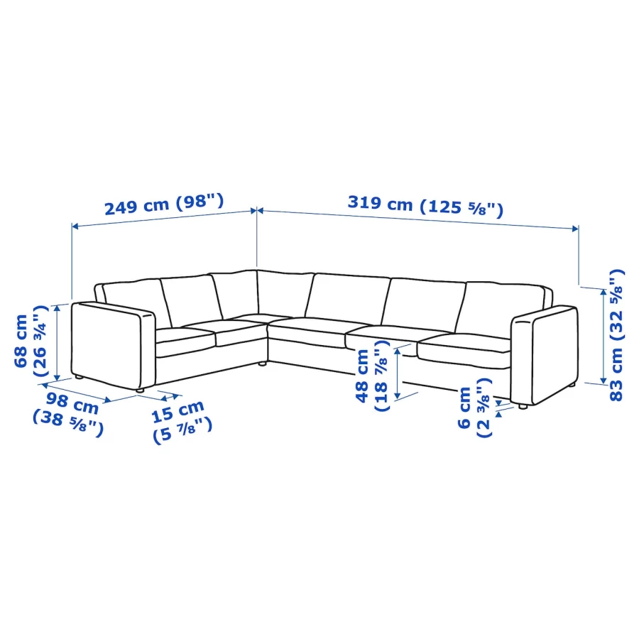 Диван угловой 5-местный - IKEA VIMLE, 319/249х98х83 см, черный, ВИМЛЕ ИКЕА (изображение №7)