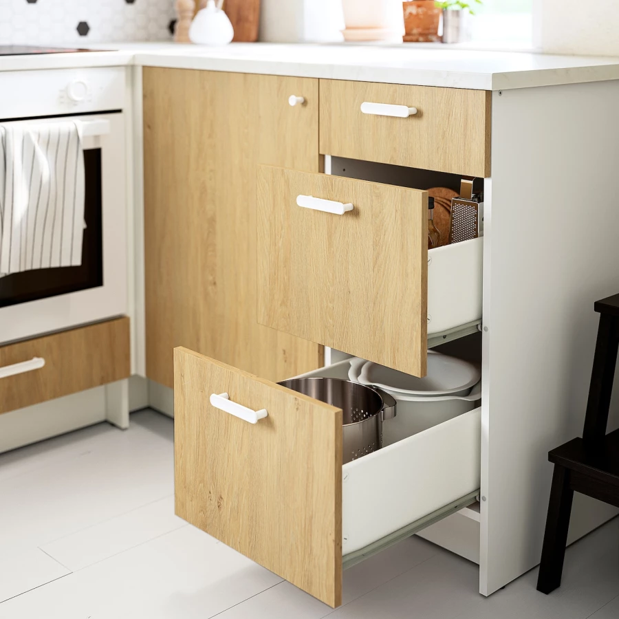 Напольный шкаф с выдвижными ящиками - IKEA KNOXHULT/КНОКСХУЛЬТ ИКЕА, 91x61x40см, белый/под беленый дуб (изображение №2)
