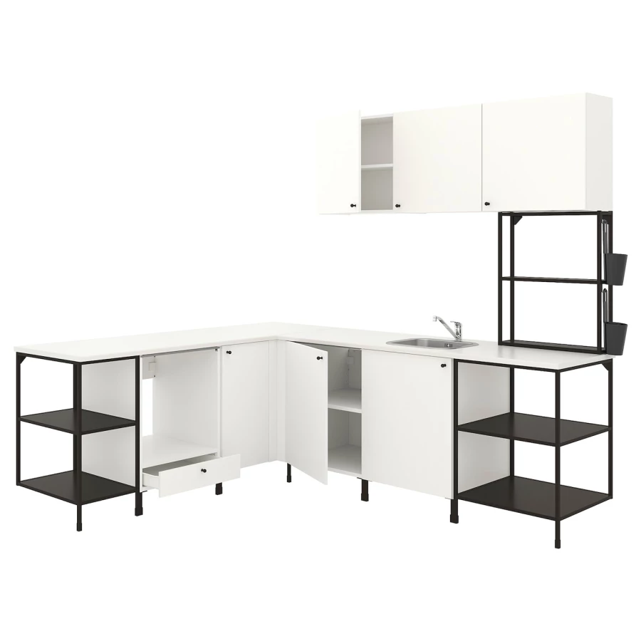 Угловая кухня -  ENHET  IKEA/ ЭНХЕТ ИКЕА, 248.5х135 см, белый/черный (изображение №1)