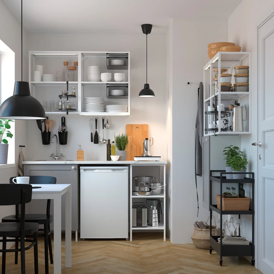 Комбинация для кухонного хранения  - ENHET  IKEA/ ЭНХЕТ ИКЕА, 163x63,5x222 см, белый/серый (изображение №2)