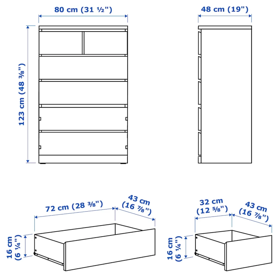 Комод с 6 ящиками - IKEA MALM, 80x123х48 см, черно-коричневый МАЛЬМ ИКЕА (изображение №6)