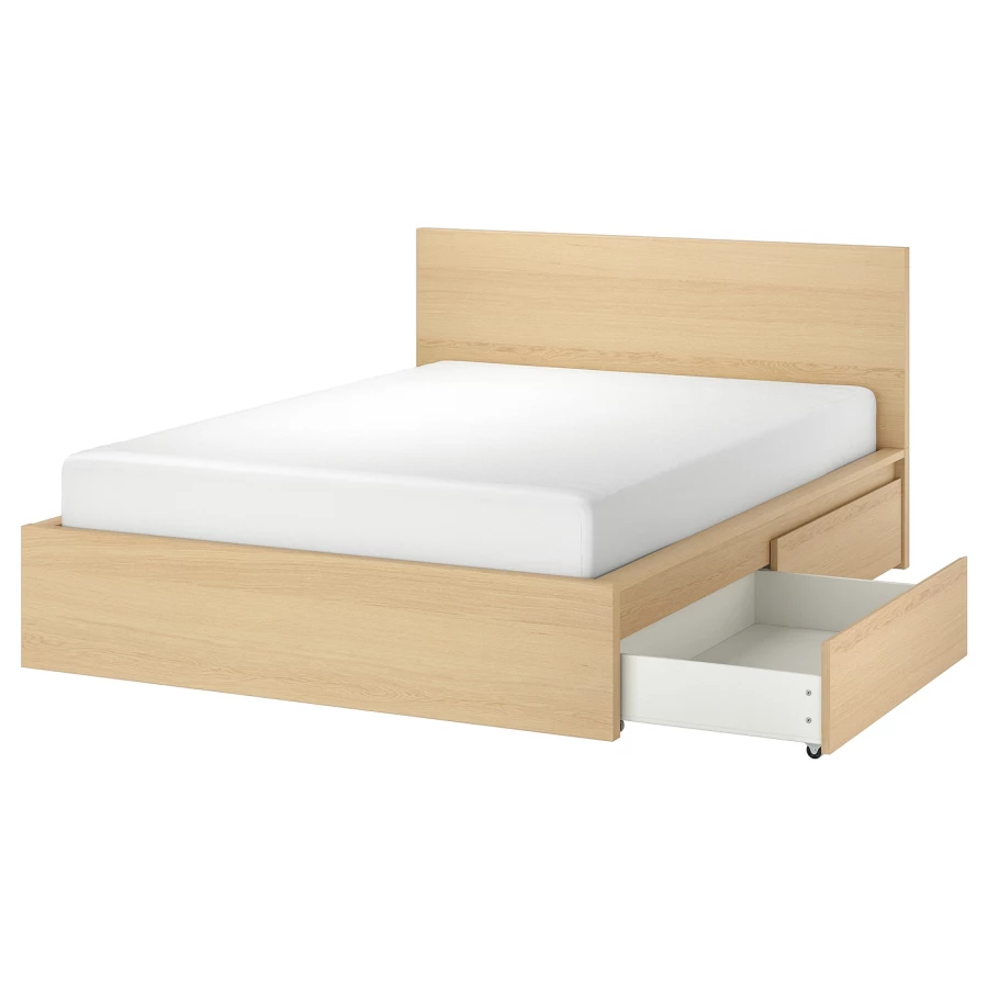 Каркас кровати с 4 ящиками для хранения - IKEA MALM/LОNSET/LÖNSET , 140х200 см, дубовый шпон, беленый МАЛЬМ/ЛОНСЕТ ИКЕА (изображение №1)
