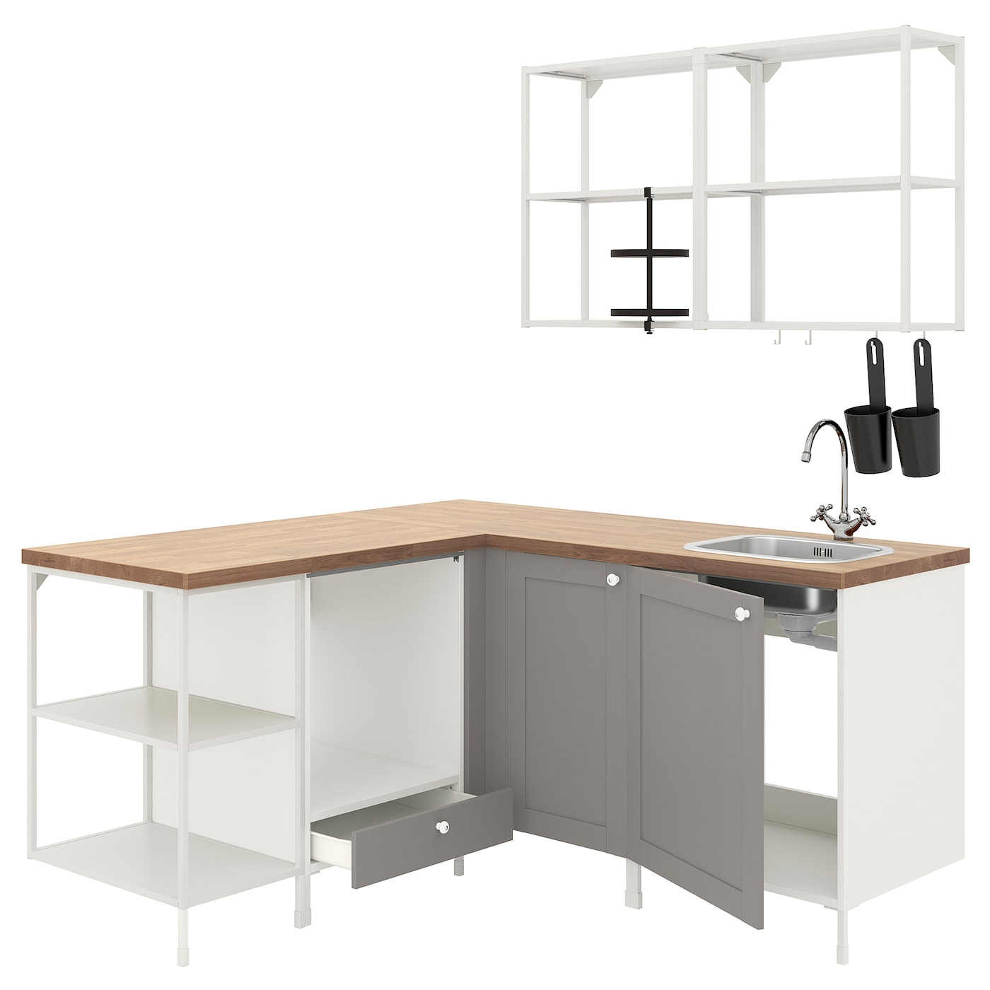Угловая кухонная комбинация для хранения - ENHET  IKEA/ ЭНХЕТ ИКЕА, 170,5x168,5x75 см, белый/бежевый/серый