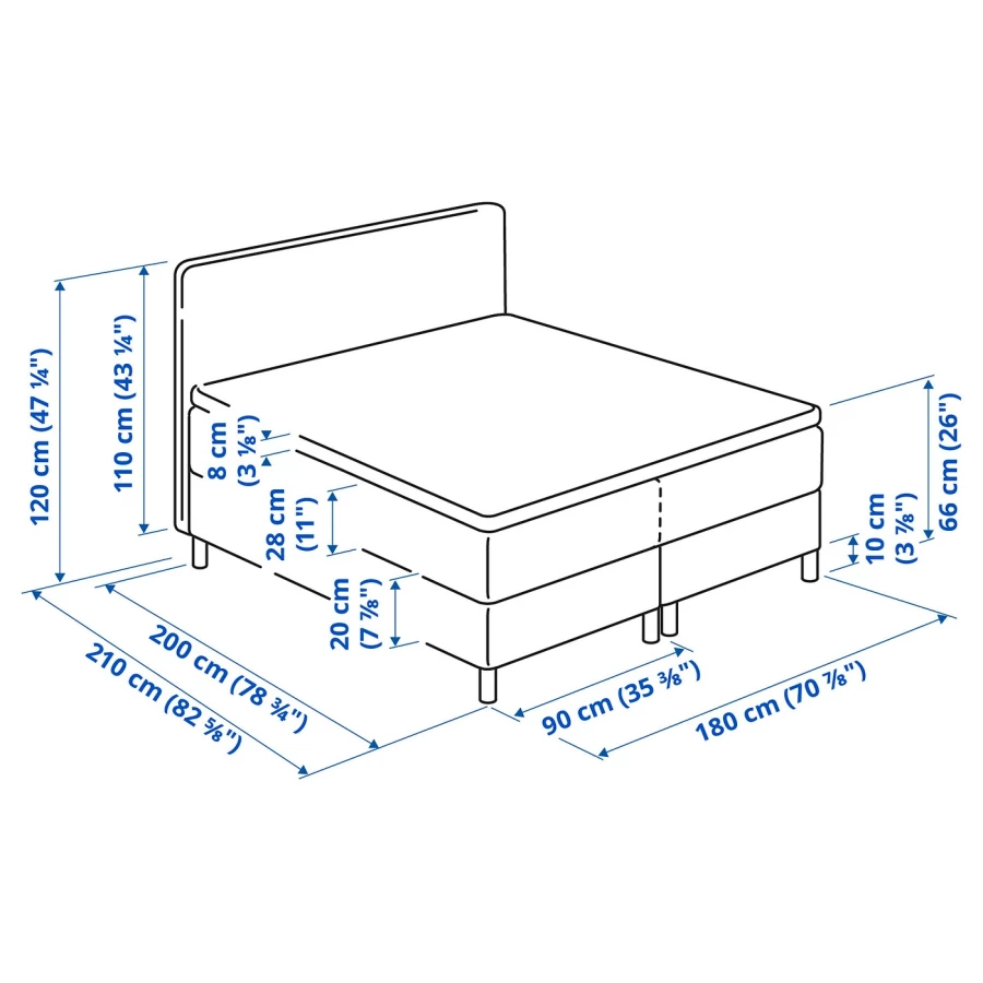 Континентальная кровать - IKEA DUNVIK, 200х180 см, матрас жесткий/средне-жесткий, темно-серый, ДУНВИК ИКЕА (изображение №10)