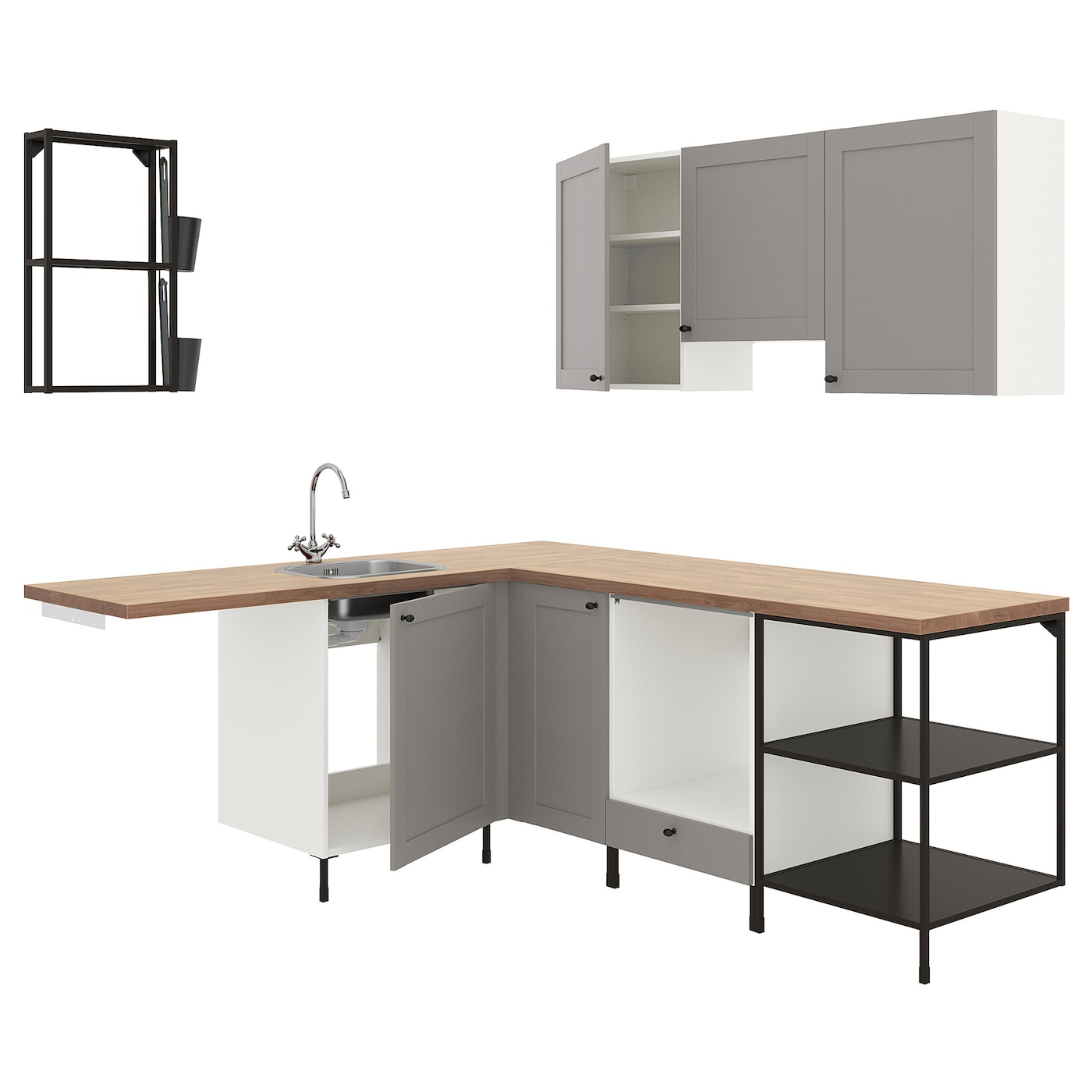 Угловая кухонная комбинация для хранения - ENHET  IKEA/ ЭНХЕТ ИКЕА, 190,5х228,5х75 см, белый/серый/бежевый/черный