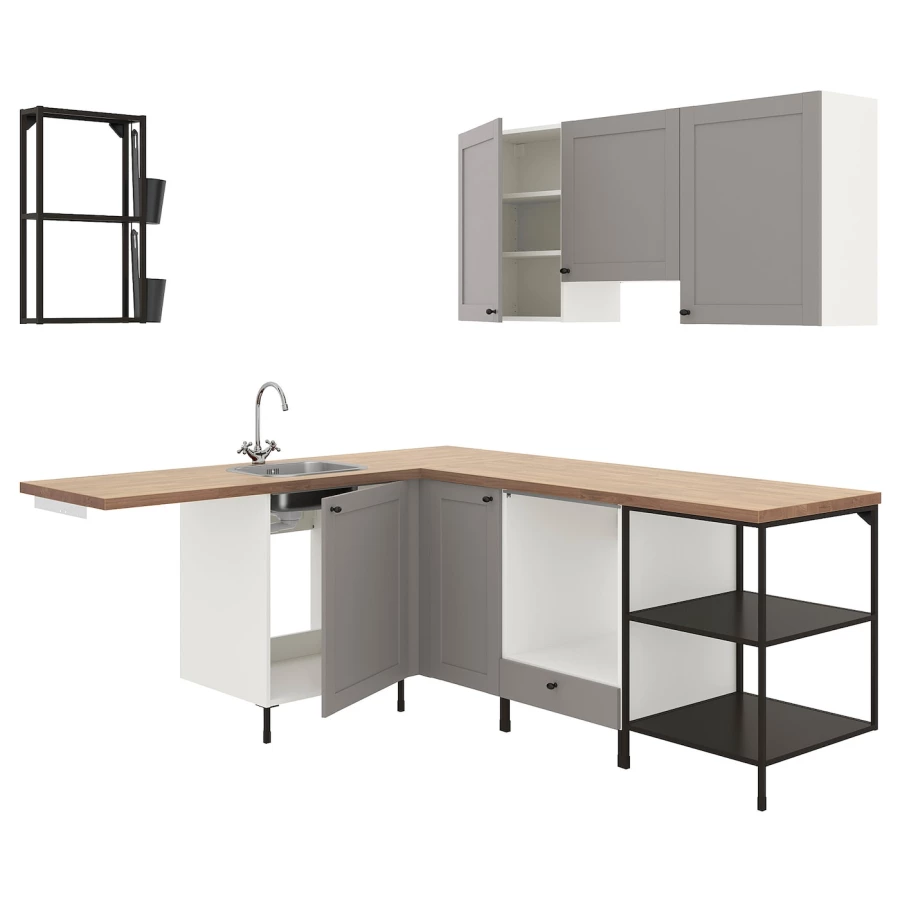 Угловая кухонная комбинация для хранения - ENHET  IKEA/ ЭНХЕТ ИКЕА, 190,5х228,5х75 см, белый/серый/бежевый/черный (изображение №1)