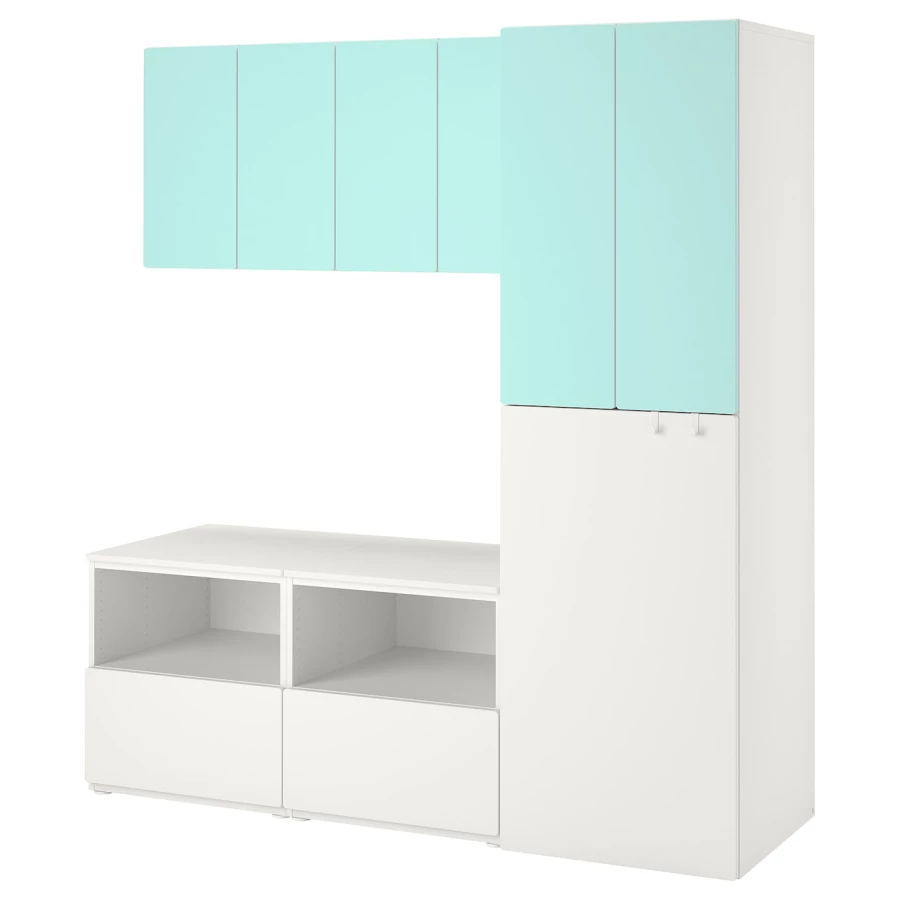 Детская гардеробная комбинация - IKEA PLATSA SMÅSTAD/SMASTAD, 196x57x180см, белый/бирюзовый, ПЛАТСА СМОСТАД ИКЕА (изображение №1)