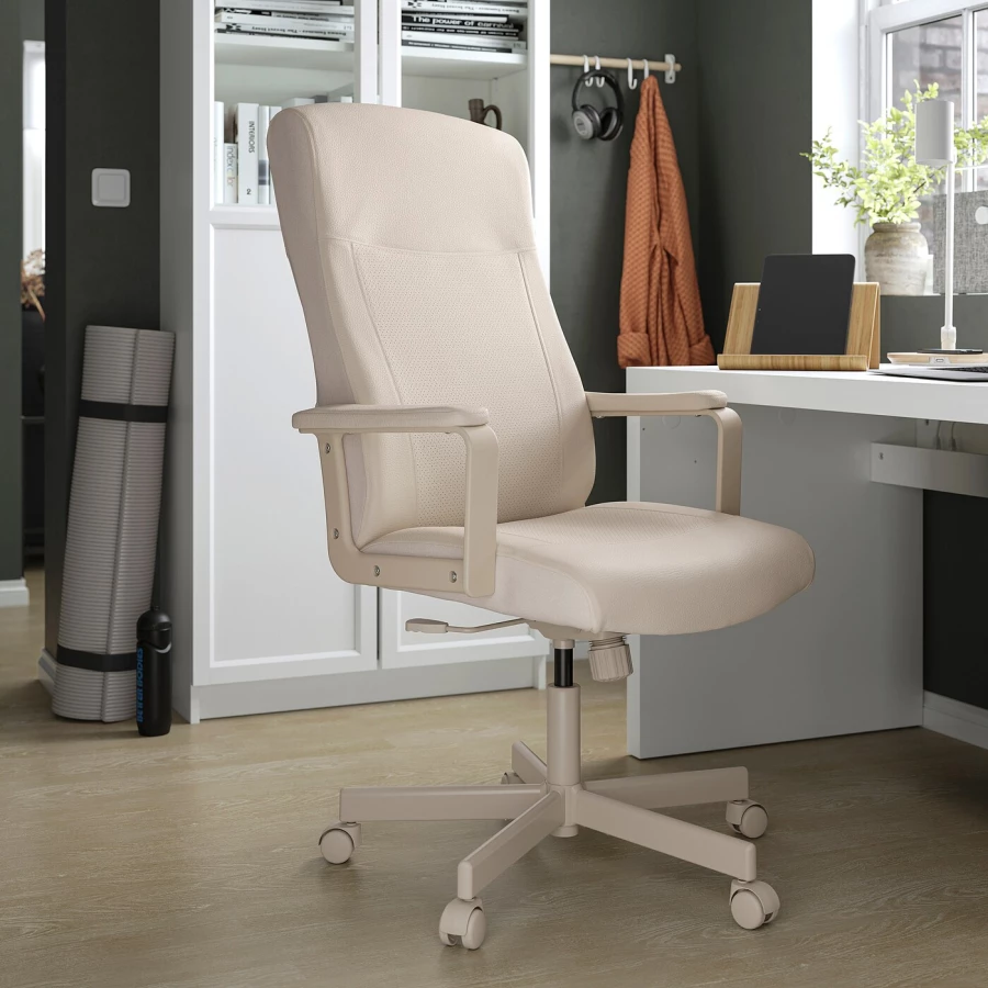 Комбинация: стол, кресло и шкаф - IKEA MALM/MILLBERGET/ BILLY/OXBERG, 140х65 см, 202х80х30 см, белый/бежевый  МАЛЬМ/МИЛЛБЕРГЕТ/БИЛЛИ/ОКСБЕРГ ИКЕА (изображение №4)