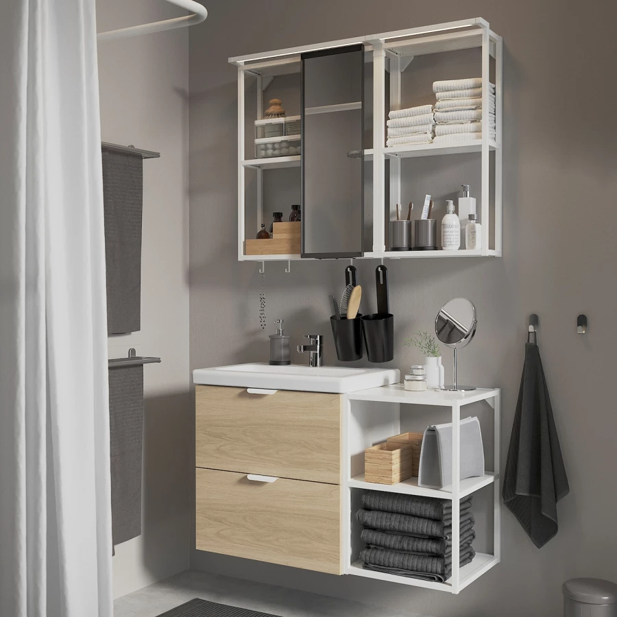 Комбинация для ванной - IKEA ENHET, 102х43х65 см, белый/имитация дуба, ЭНХЕТ ИКЕА (изображение №2)