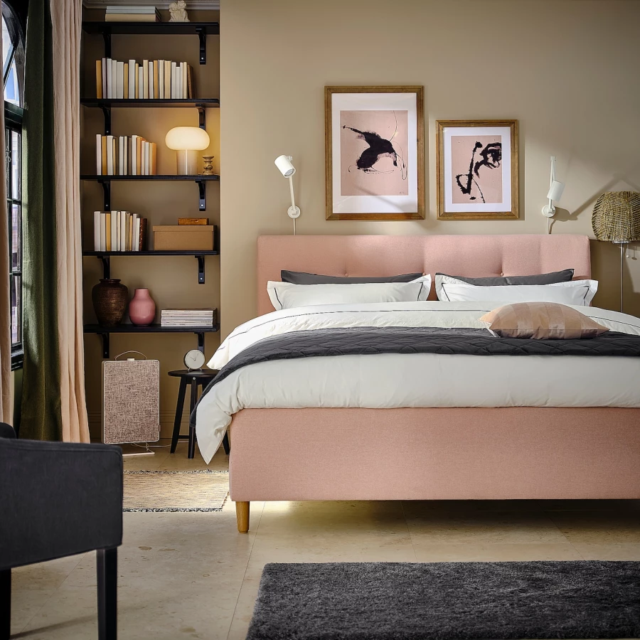 Кровать мягкая с ящиками - IKEA IDANÄS/IDANAS, 200х140 см, бледно розовая, ИДАНЭС ИКЕА (изображение №5)