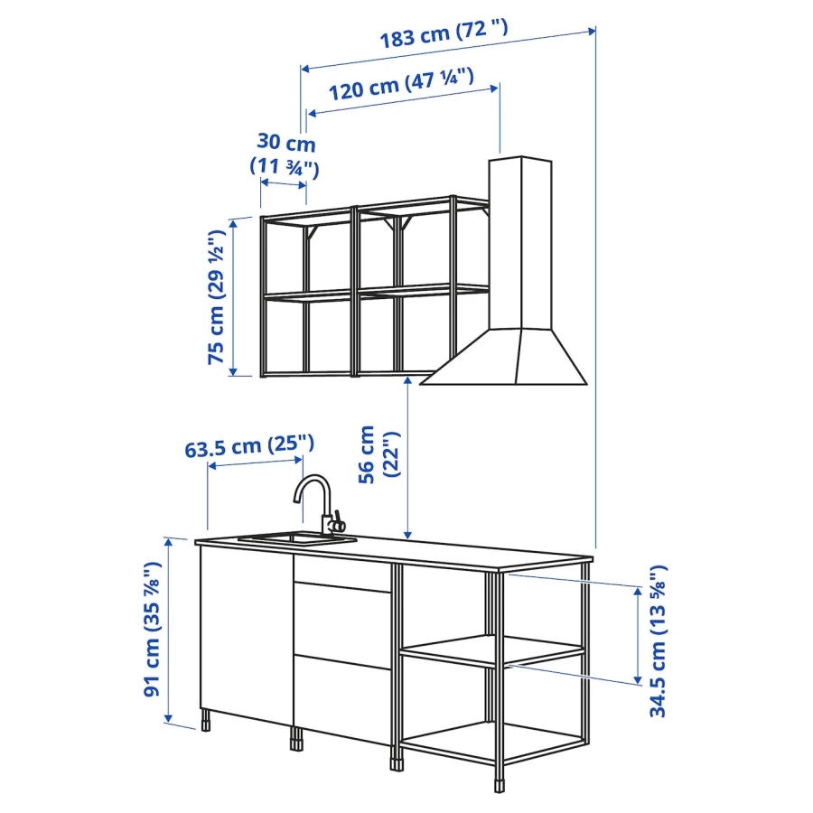 Комбинация для кухонного хранения  - ENHET  IKEA/ ЭНХЕТ ИКЕА, 183x63,5x222 см, белый/бежевый/черный (изображение №3)
