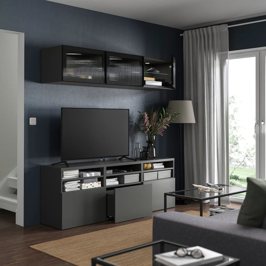 Комбинация для хранения ТВ - IKEA BESTÅ/BESTA, 192x42x180см, темно-серый, БЕСТО ИКЕА (изображение №2)