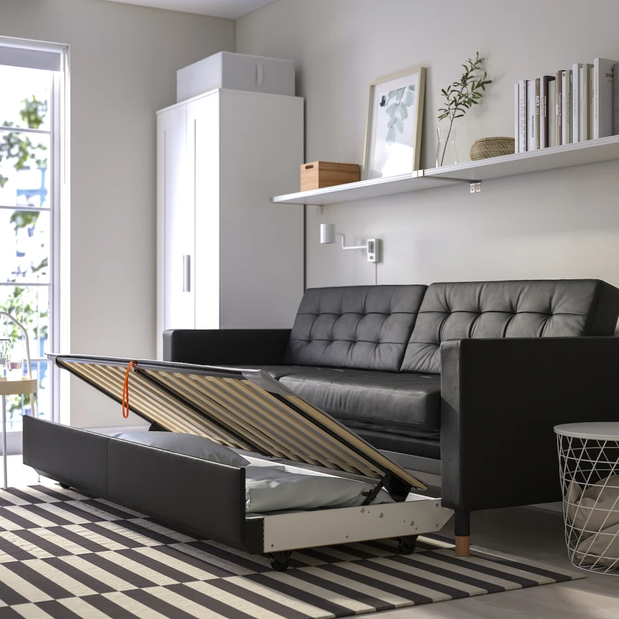 3-местный диван-кровать - IKEA LANDSKRONA, 84x92x223см, черный, кожа, ЛАНДСКРУНА ИКЕА (изображение №3)