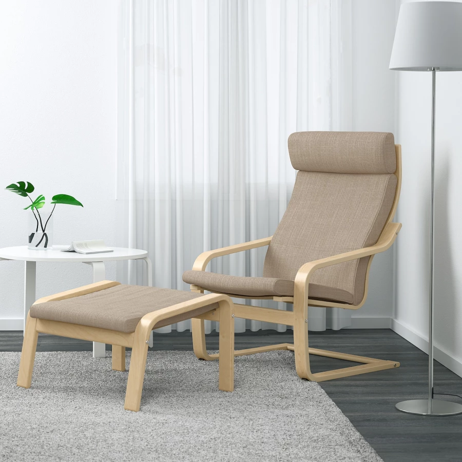 Кресло-качалка и табурет для ног - IKEA POÄNG/POANG/ПОЭНГ ИКЕА, 68х82х100 см, бежевый (изображение №4)