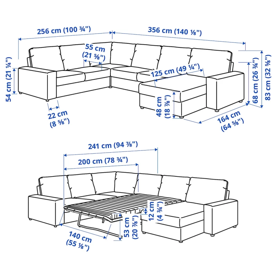 5-местный угловой диван со спальным местом - IKEA VIMLE/SAXEMARA, сине-черный, 256/356х164х83 см, 140х200 см, ВИМЛЕ ИКЕА (изображение №11)