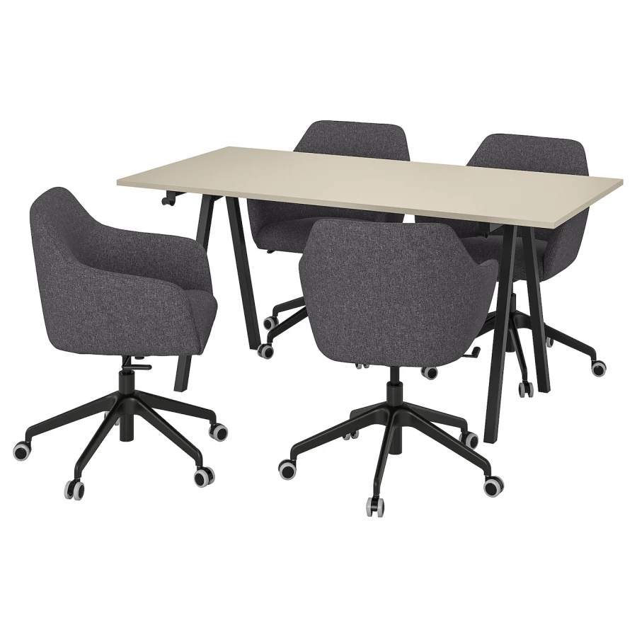 Комбинация: стол, 4 кресла - IKEA TROTTEN/TOSSBERG, 160х80 см, антрацит/темно-серый/бежевый, ТРОТТЕН/ТОССБЕРГ ИКЕА (изображение №1)