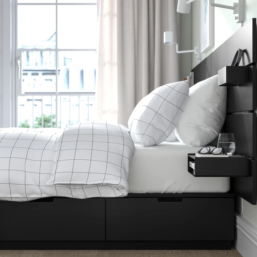 Каркас кровати с контейнером и матрасом - IKEA NORDLI, 200х140 см, черный, НОРДЛИ ИКЕА (изображение №6)