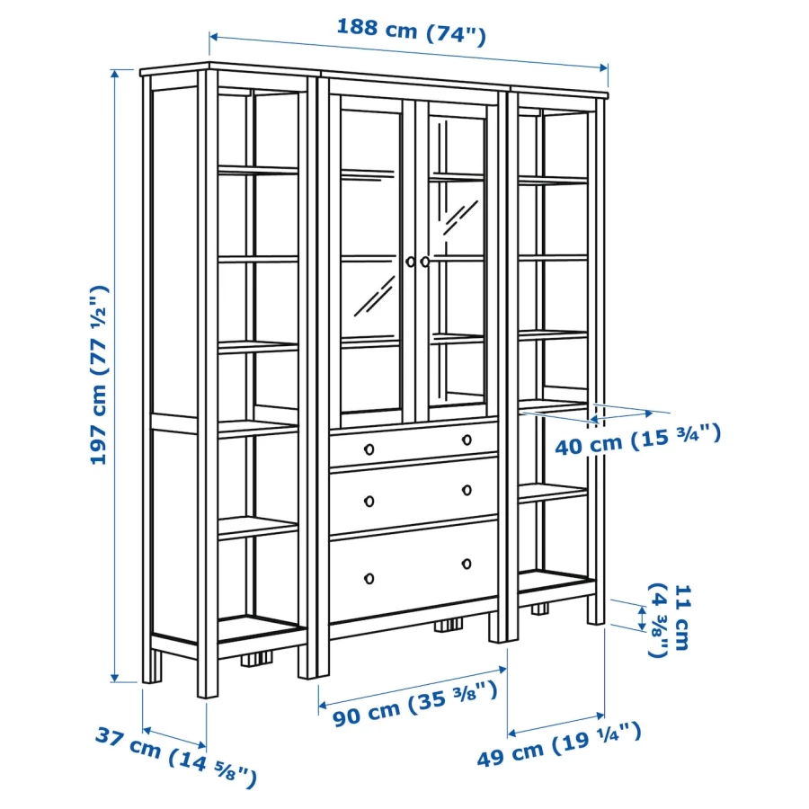 Шкаф со стеклянными дверцами - IKEA HEMNES/ ХЕМНЭС  ИКЕА,188x197х37 см, белый, (изображение №4)