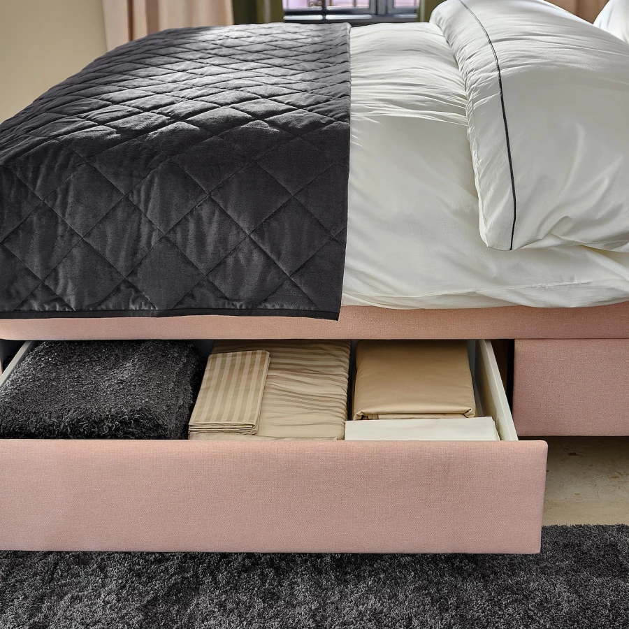 Кровать мягкая с ящиками - IKEA IDANÄS/IDANAS, 200х140 см, бледно розовая, ИДАНЭС ИКЕА (изображение №4)