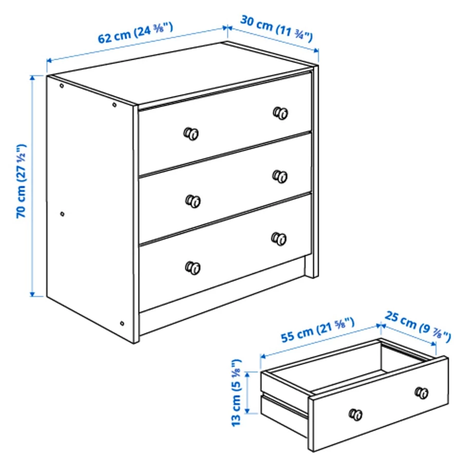 Комод с 3 ящиками - IKEA RAST/РАСТ ИКЕА, 30х62х70 см, светло-коричневый (изображение №8)