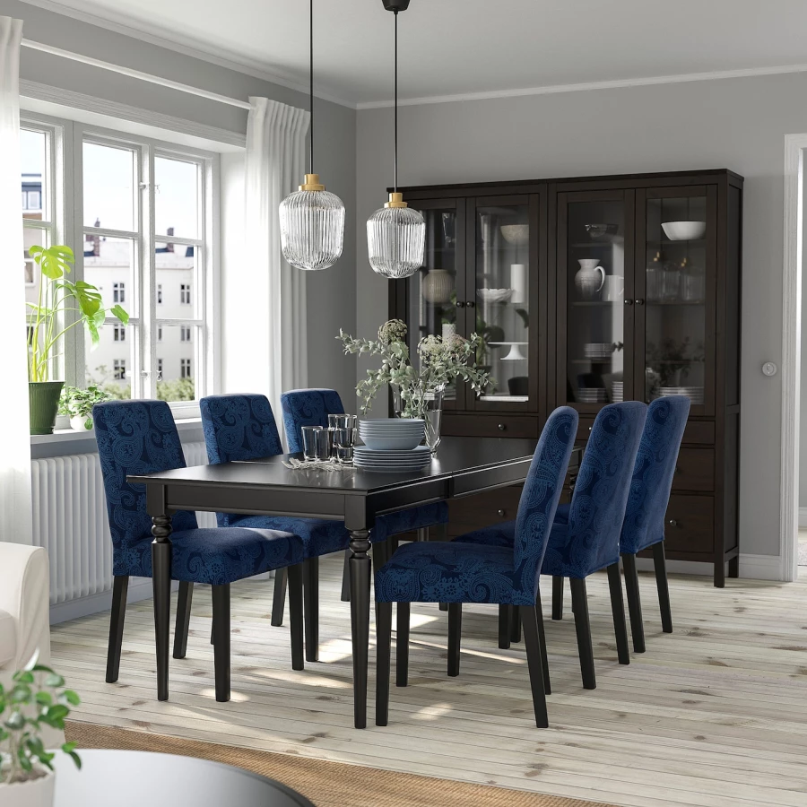 Стол и 4 стула - INGATORP / BERGMUND IKEA/ ИНГАТОРП/БЕРГМУНД ИКЕА, 155х87х74  см, синий с рисунком/коричневый (изображение №3)