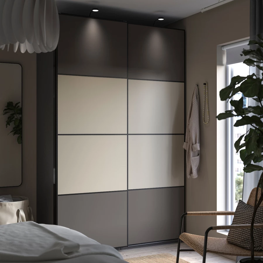 Пара раздвижных дверей - IKEA MEHAMN/МЕХАМН ИКЕА, 236х150 см, бежевый/темно-серый (изображение №2)