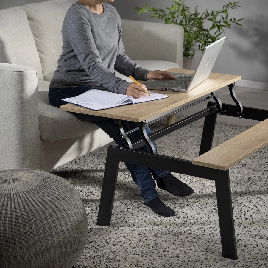 Журнальный столик, регулируемый - IKEA ИКЕА LJUNGSBRO, 104x70 см, черный/дуб (изображение №5)