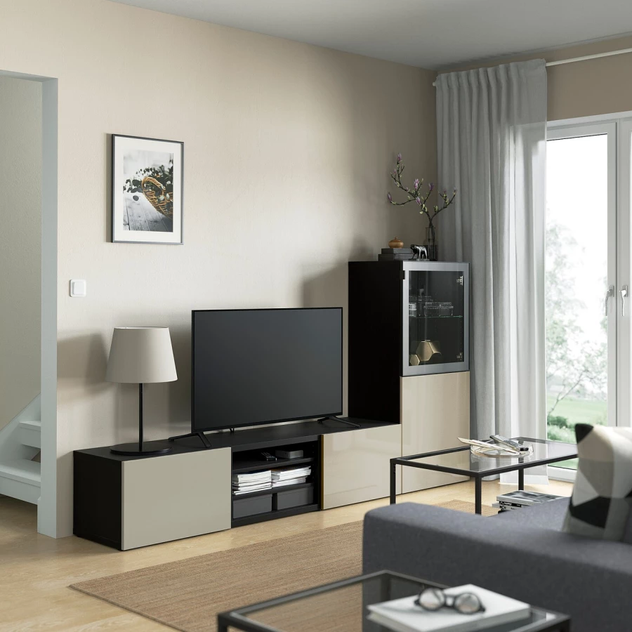 Комбинация для хранения ТВ - IKEA BESTÅ/BESTA, 129x42x240см, черный/светло-коричневый, БЕСТО ИКЕА (изображение №3)