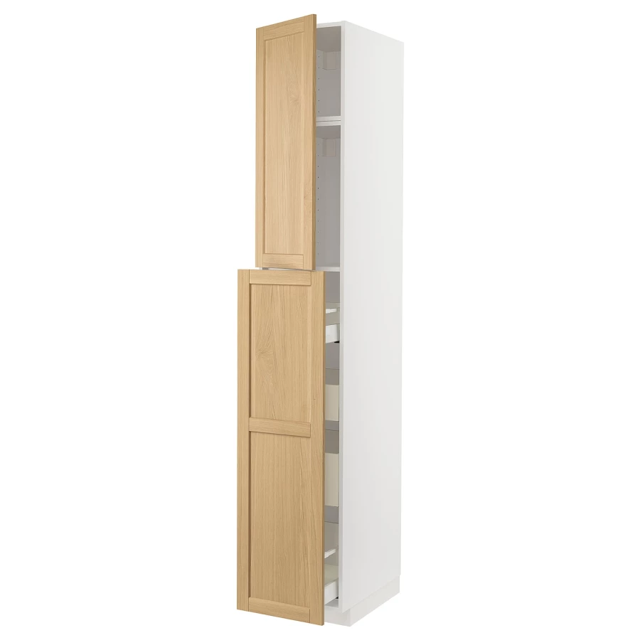 Высокий шкаф с ящиками - IKEA METOD/MAXIMERA/МЕТОД/МАКСИМЕРА ИКЕА, 240х60х40 см, белый/светло-коричневый (изображение №1)