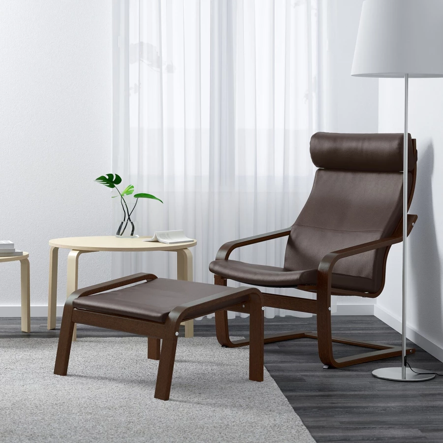 Кресло с подставкой для ног - IKEA POÄNG/POANG/ИКЕА ПОЭНГ, 100х82х68см, коричневый/глос темно-коричневый (изображение №4)
