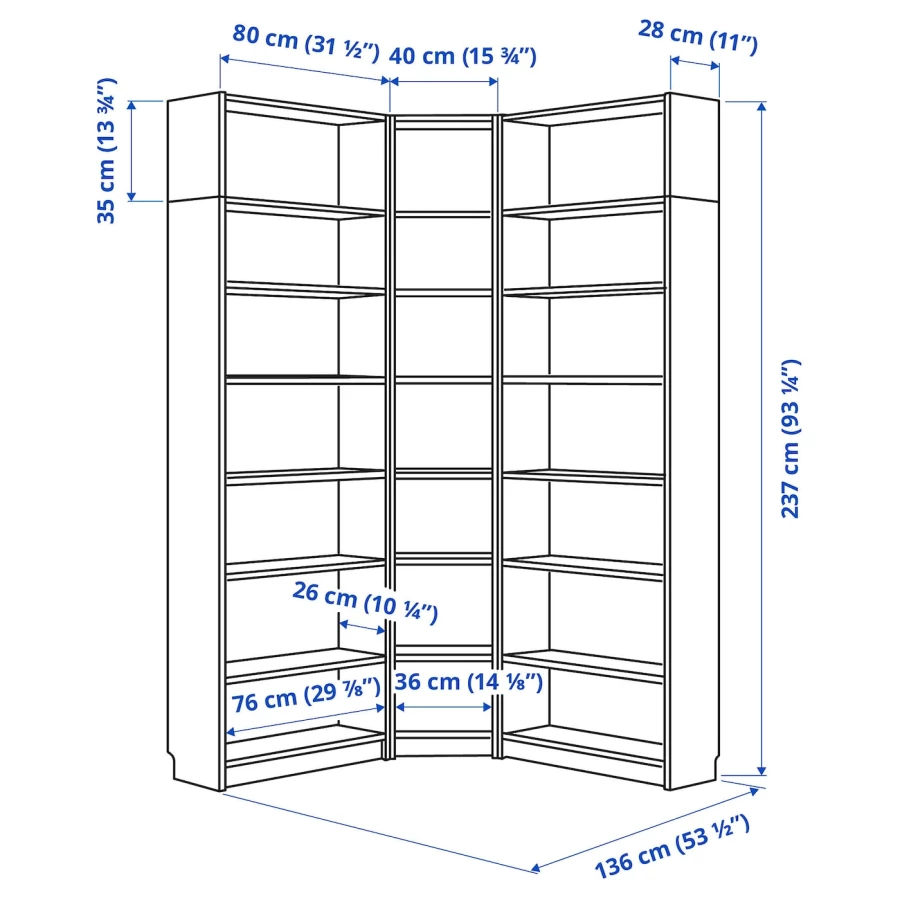 Угловой книжный шкаф - BILLY IKEA/БИЛЛИ ИКЕА, 28х136х237 см, белый (изображение №3)