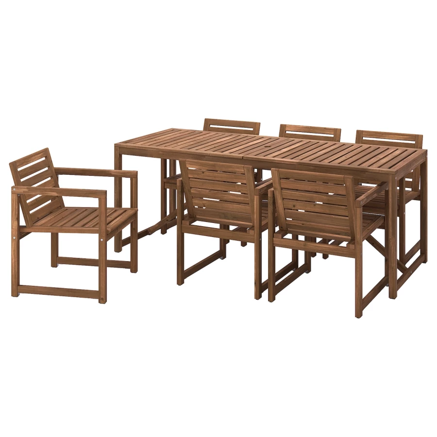 Стол +6 стульев с подлокотниками - NÄMMARÖ IKEA/НАММАРО ИКЕА, 200х75х75 см, коричневый (изображение №1)