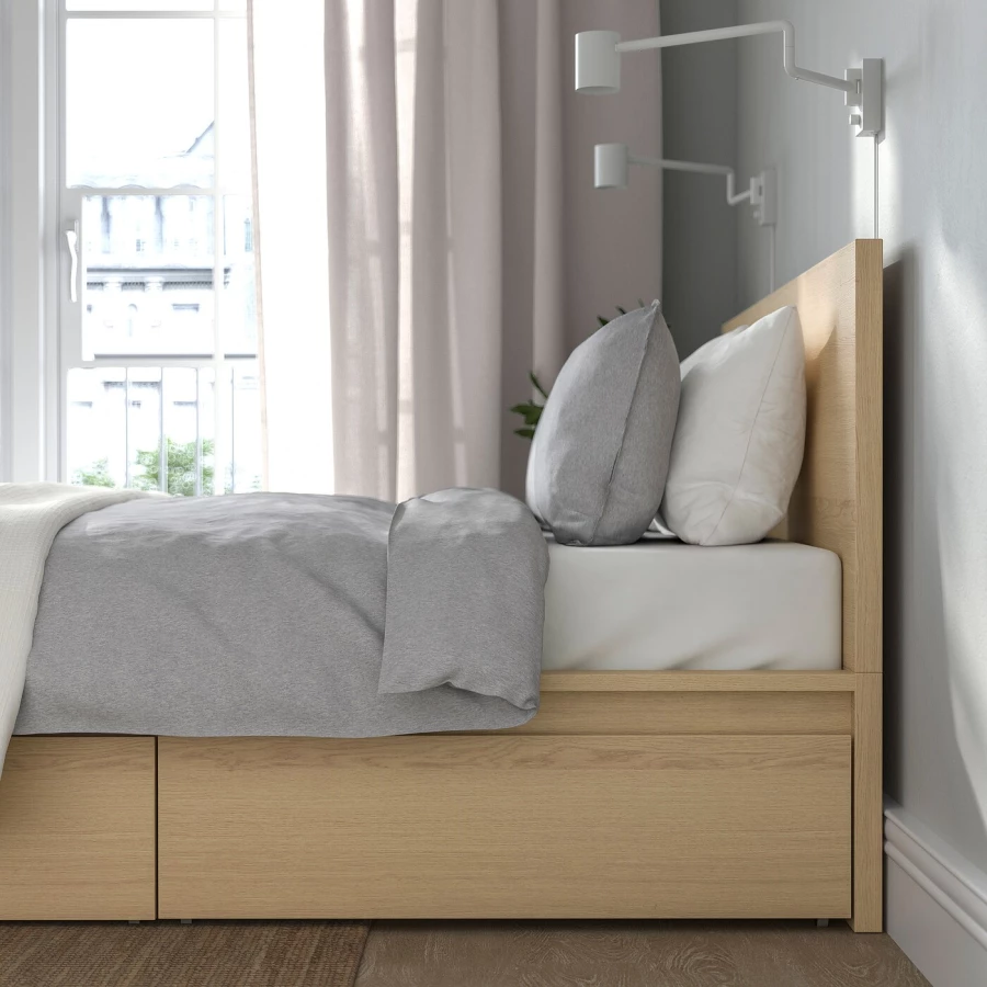 Каркас кровати с 2 ящиками для хранения - IKEA MALM/LUROY/LURÖY, 160х200 см, дубовый шпон, беленый МАЛЬМ/ЛУРОЙ ИКЕА (изображение №7)