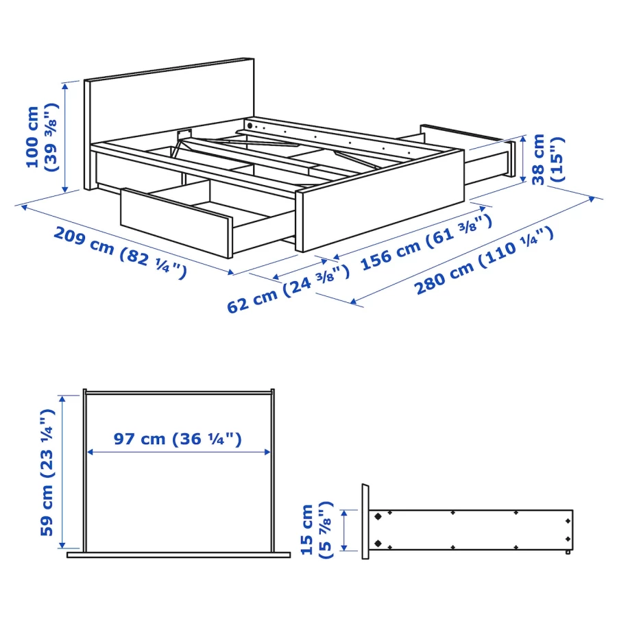 Каркас кровати с 4 ящиками - IKEA MALM/МАЛЬМ ИКЕА, 156x200 см, синий (изображение №11)