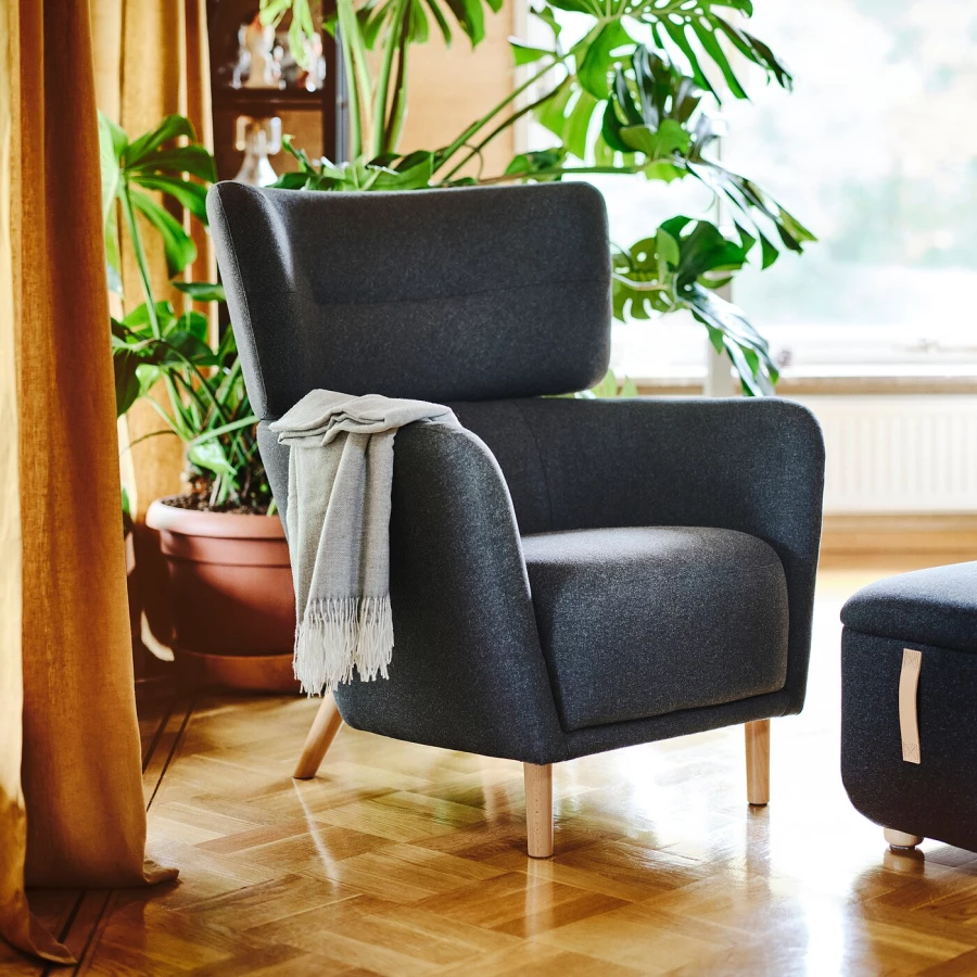 Кресло с подлокотником и пуф - IKEA OSKARSHAMN, 82х96х101 см, черный, ОСКАРСХАМН ИКЕА (изображение №2)