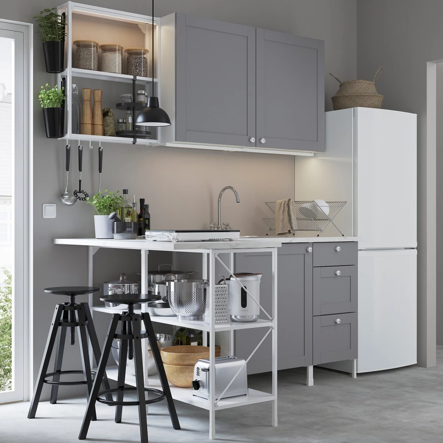 Угловая кухонная комбинация для хранения - ENHET  IKEA/ ЭНХЕТ ИКЕА, 121,5х185х75  см, белый/серый (изображение №2)