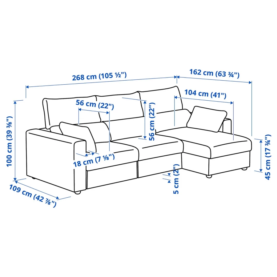 3-местный диван с шезлонгом - IKEA ESKILSTUNA,  100x162x268см, синий, ЭСКИЛЬСТУНА ИКЕА (изображение №9)
