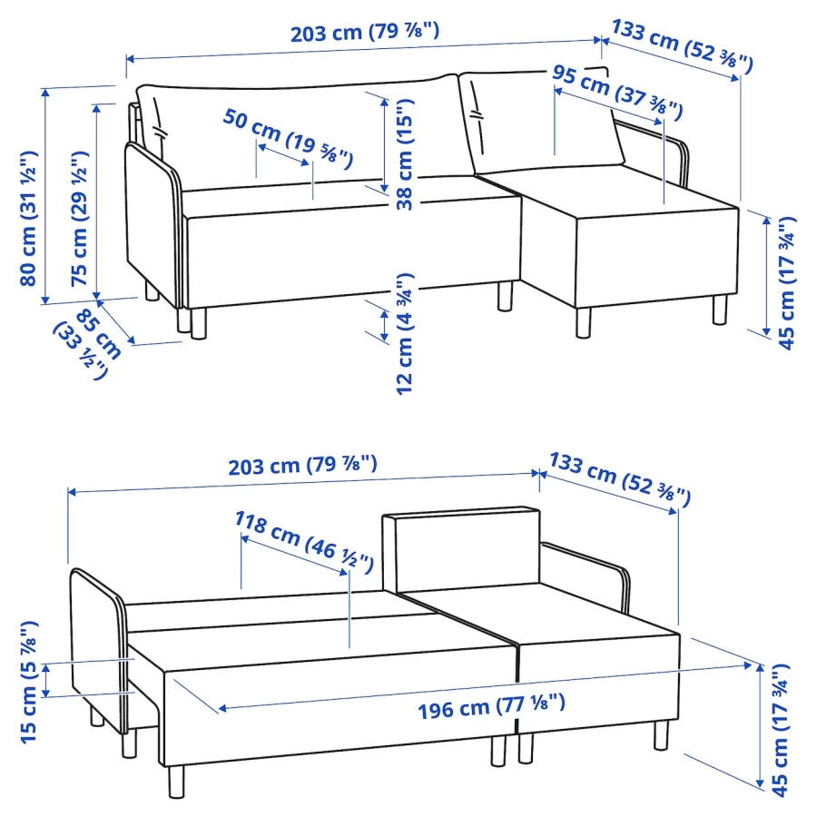 3-местный диван с кушеткой - IKEA BRUKSVARA/БРУКСВАРА ИКЕА, 203х85х80 см, синий (изображение №10)