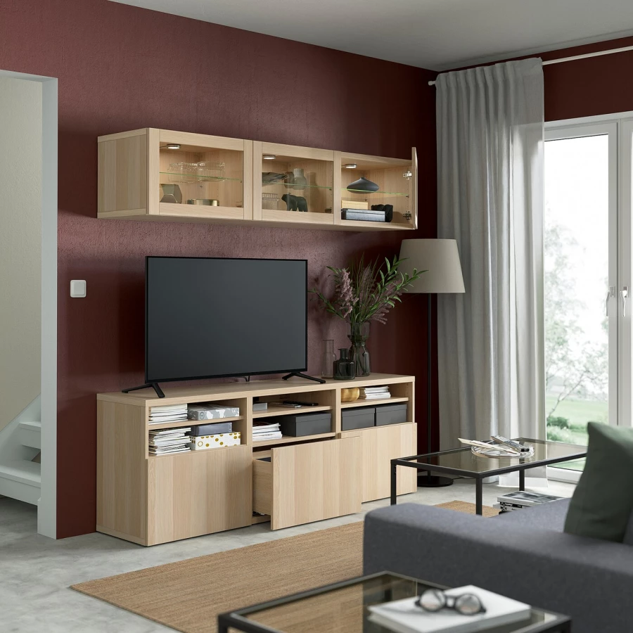 Комбинация для хранения ТВ - IKEA BESTÅ/BESTA, 192x42x180см, светло-коричневый, БЕСТО ИКЕА (изображение №2)