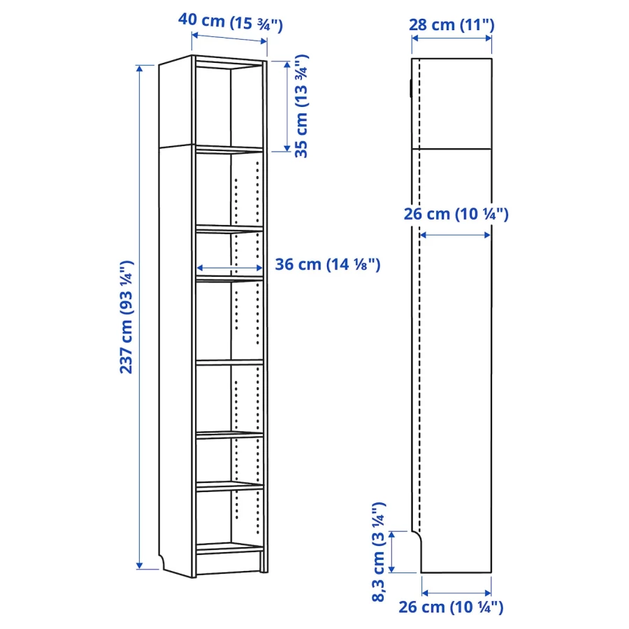 Открытый книжный шкаф - BILLY IKEA/БИЛЛИ ИКЕА, 28х40х237 см, белый (изображение №3)