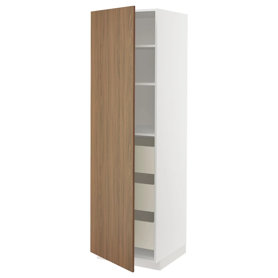 Высокий шкаф с ящиками - IKEA METOD/MAXIMERA/МЕТОД/МАКСИМЕРА ИКЕА, 200х60х60 см, белый/коричневый (изображение №1)